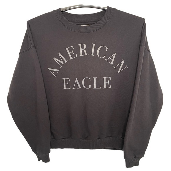 AMERICAN EAGLE OUTFITTERS BLACK GREY LOGO CROP SWEATER WOMENS SIZE SMALL - Picture 1 of 8